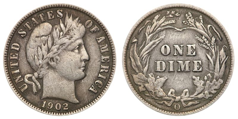 1902-O Barber dime comparison: common worn example vs high-grade Mint State example with full strike