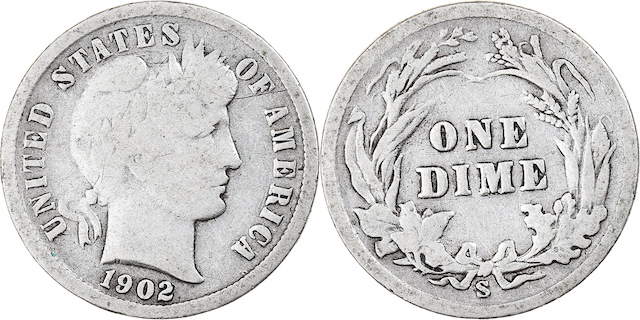 Group of 1902 Barber dimes showing range of grades from Good to Mint State on dark velvet