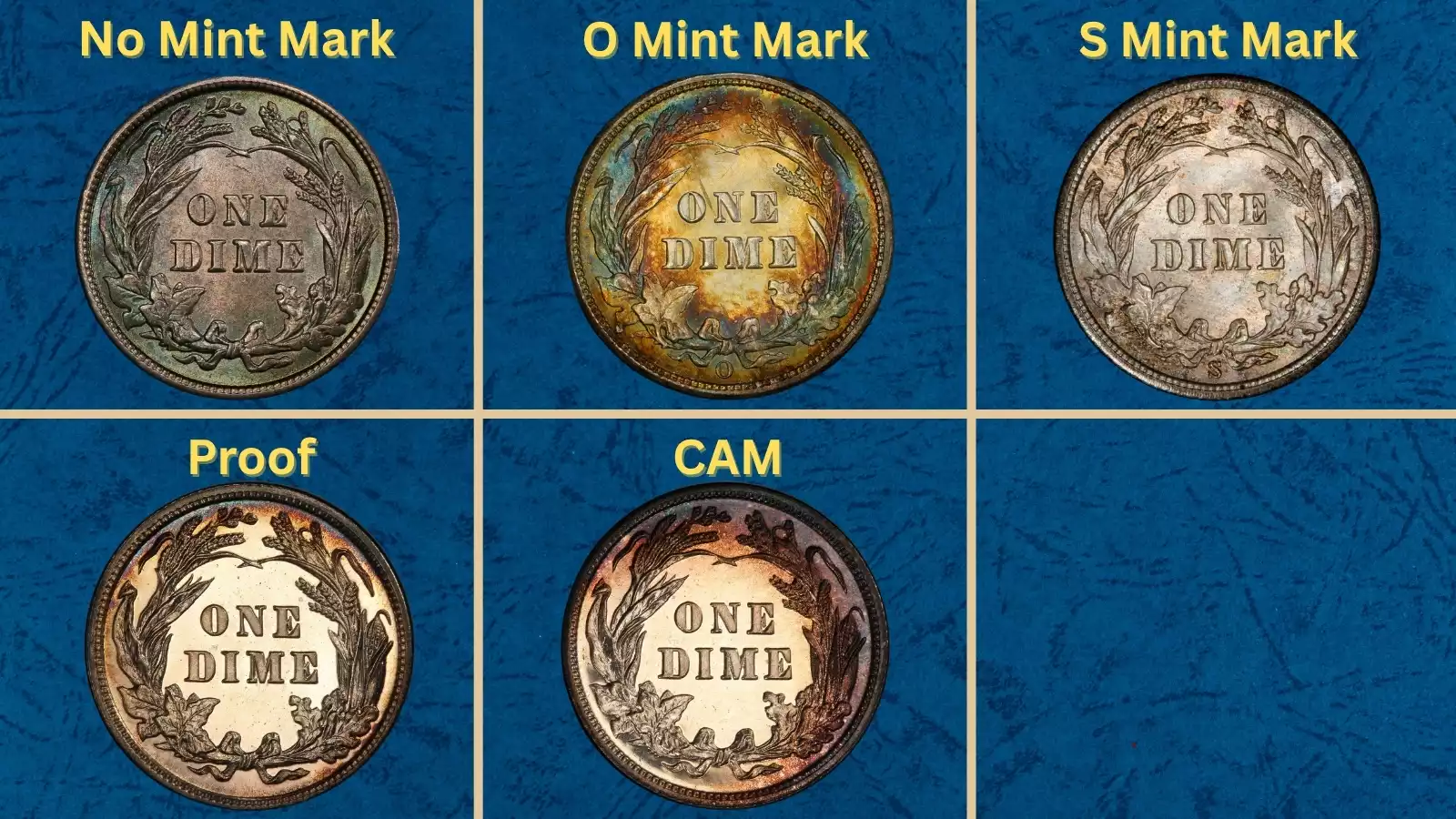 1902 Barber dime grading strip showing four condition tiers from Good through Mint State